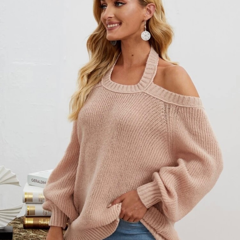 Solid Bishop Sleeve Halter Sweater - Picture 2 of 6